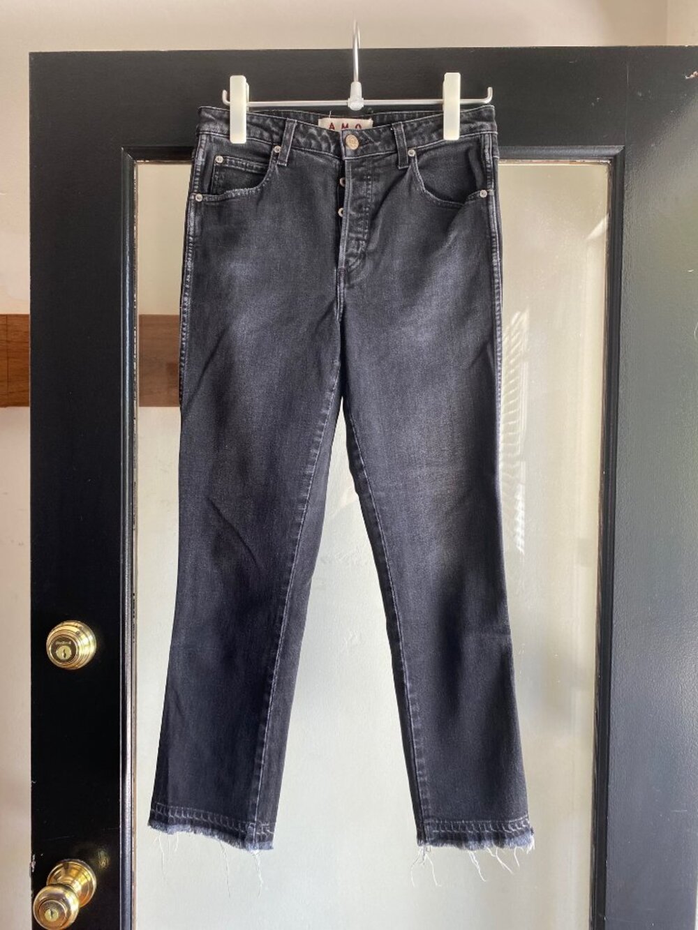 AMO Denim Women's Babe High Rise Jeans in Black Magic Wash ankle Fray Sz 29